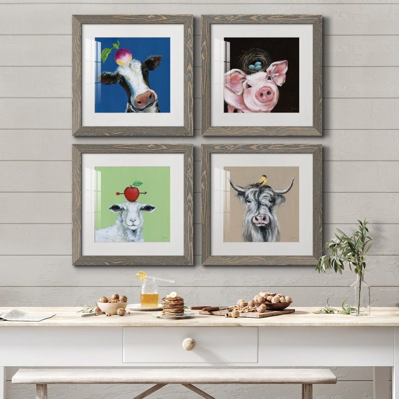 «Playful Nature», ensemble de 4 reproductions sur toiles encadrées, H 27,5 po x l 110 po x P 1,5 po, Gris, Blanc
