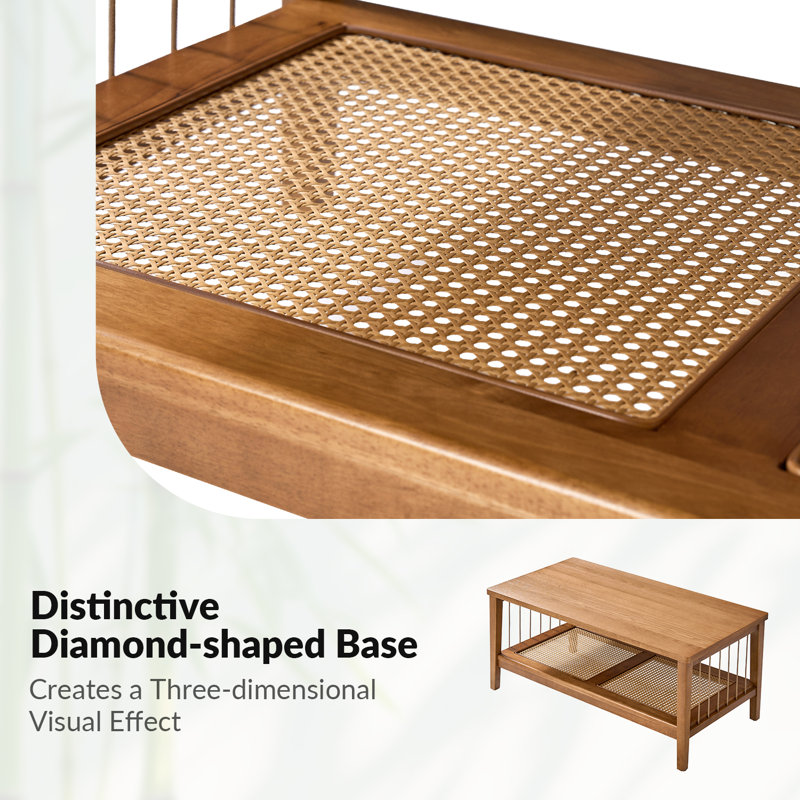 Wimberly 40"W Mid-Century Modern Coffee Table With Rattan Bottom Storage Shelf, Natural