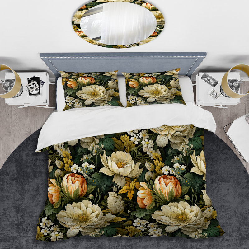 Literie Earthy Greens Chrysanthemum, Housse de couette pour grand lit et 2 taies décor