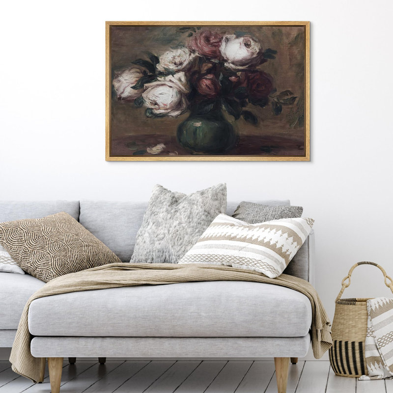 Roses fantaisistes dans un vase vert, illustrations, campagne française rustique, H 24 po x l 16 po, Naturel