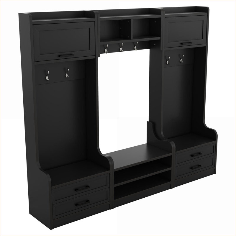  4-in-1 Detachable Matte Black Hall Tree, Multi-Functional Entryway Coat Rack with Storage Drawers, Cabinet, Shoe Bench and 7 Hooks
