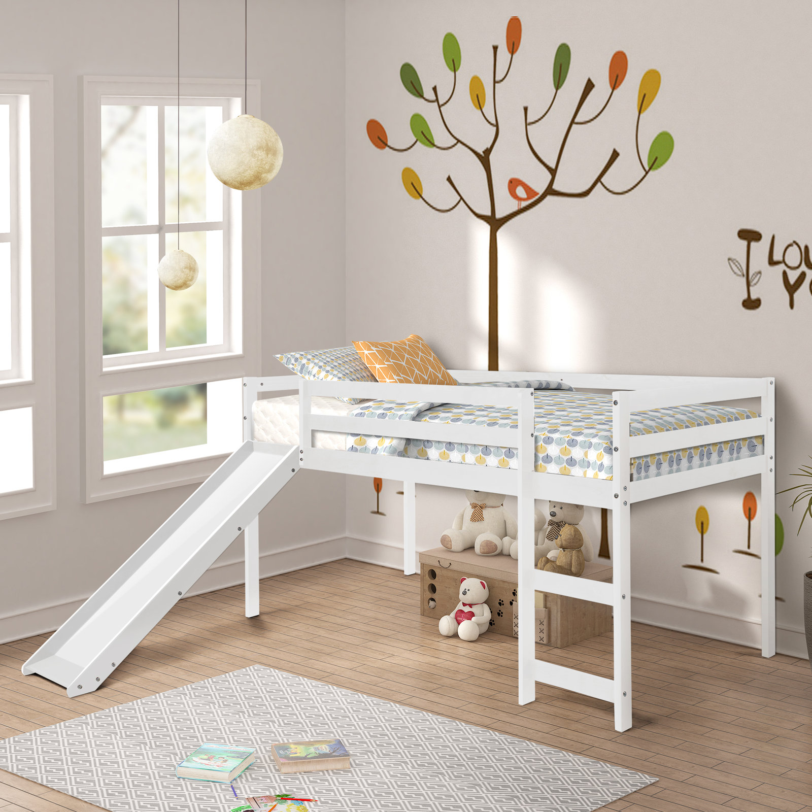 Allain Twin Solid Wood Loft Bed by Harper&Bright Designs, White
