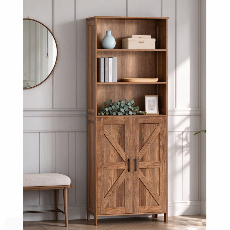 Freestanding Farmhouse Bookshelf with Doors & Adjustable Shelves for Living Room, Study, Bedroom and Bathroom, rustic walnut