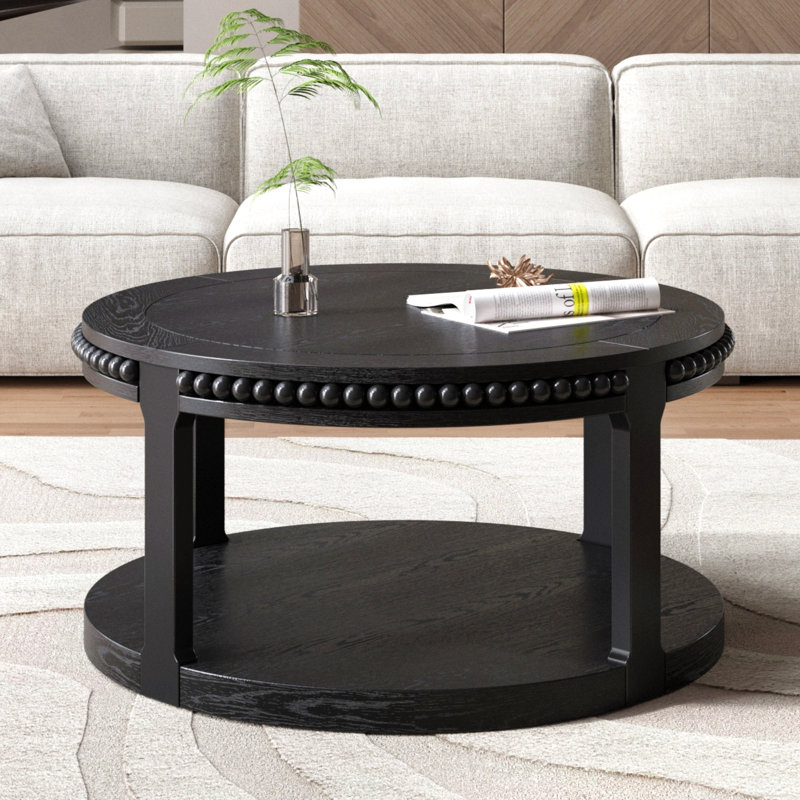 Table basse ronde en bois massif de 31,5 pouces pour le salon, bureau en bois rustique à 2 niveaux avec tablette de rangement