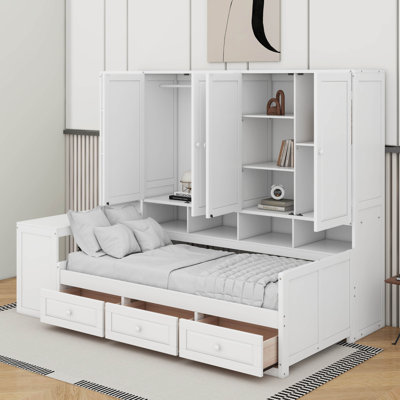 Twin Size Wooden Daybed With Drawers, Desk And Shelves