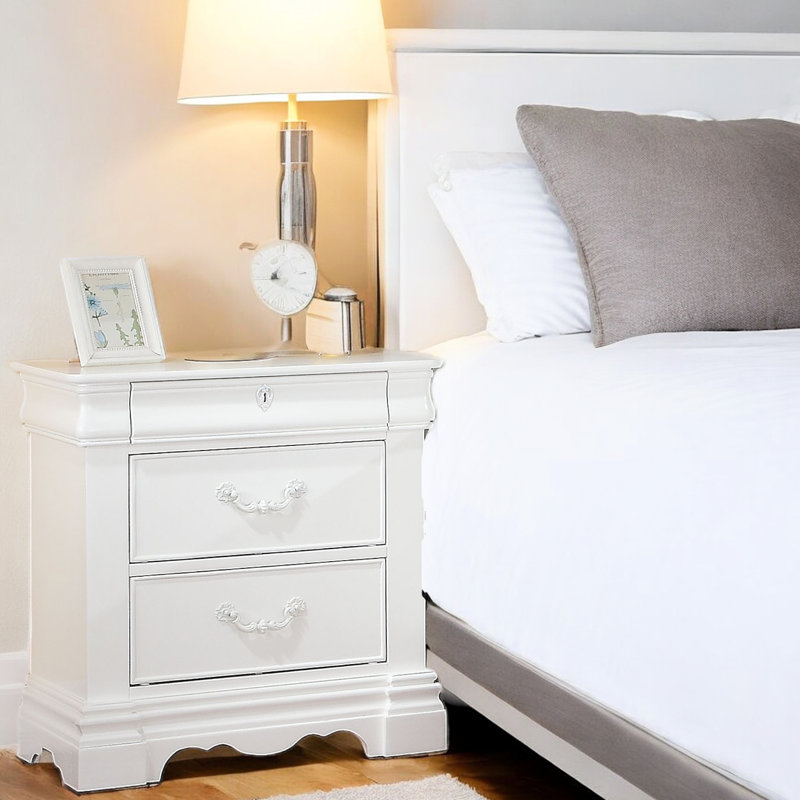 Table de chevet blanche avec 3 tiroirs pour la chambre à coucher - Sécurité du tiroir supérieur caché, fabrication en pin, mécanisme de glissement en métal lisse dans les objets de valeur, mécanisme, intérieur doublé de feutre