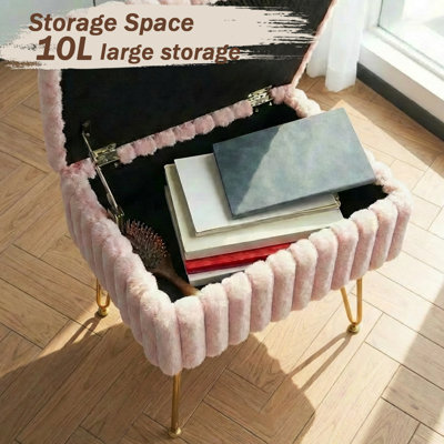 17.3" Rectangular Faux Fur Vanity Stool with Storage, Metal Legs, Dressing Bench for Makeup Room and Bedroom