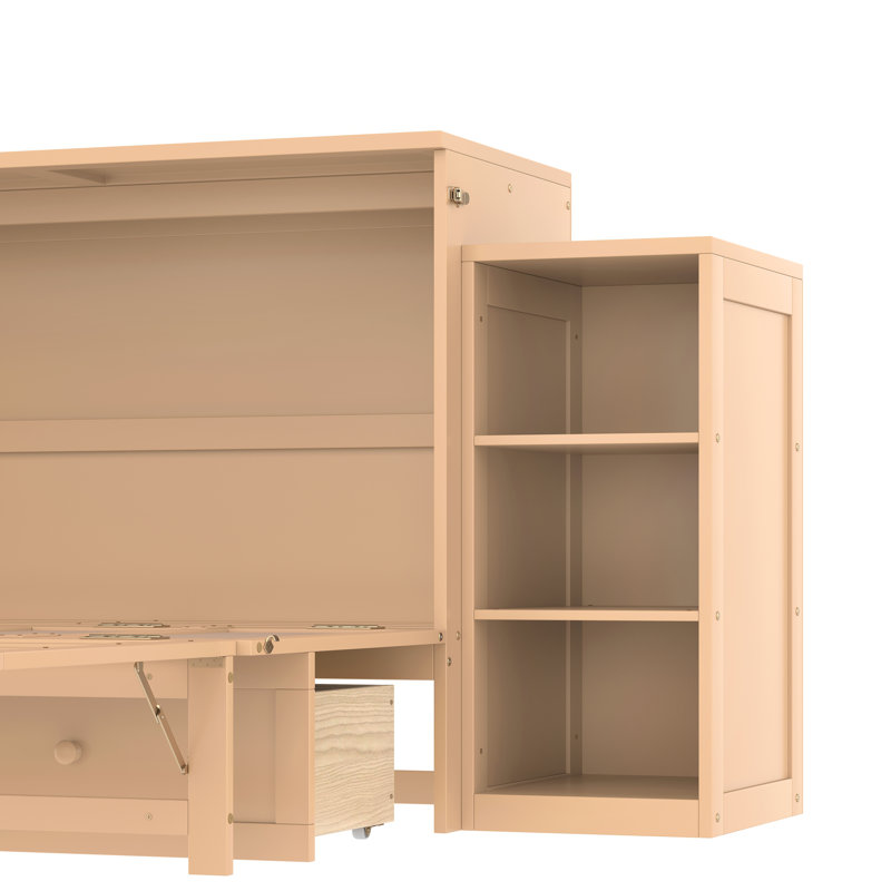 Lit escamotable avec tiroirs et tablettes de rangement spacieux, Doré
