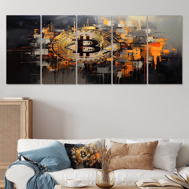 Or et gris - Crypto monnaie - ensemble d'art mural 5 pièces Bitcoin, H 28 po x l 60 po