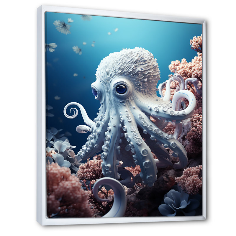 Impression sur toile monochrome, pieuvre bleue et blanche, Cadre flottant blanc, H 20 po x l 12 po x P 1 po