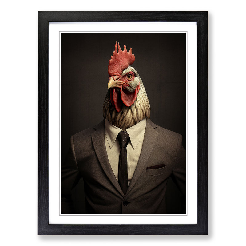 Chicken Minimalism No.2 - Single Picture Frame Print on Wood, 34cm H x 25cm W x 2cm D, Black Framed