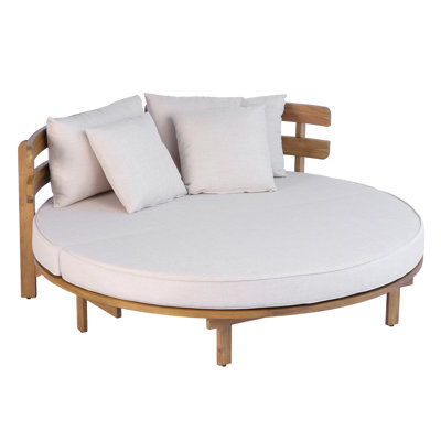 TOPMAX Outdoor Acacia Wood Round Daybed, Patio Lounger with Curved Slatted Backrest, Cushion and 4 Pillows for Backyard, Poolside, Beige