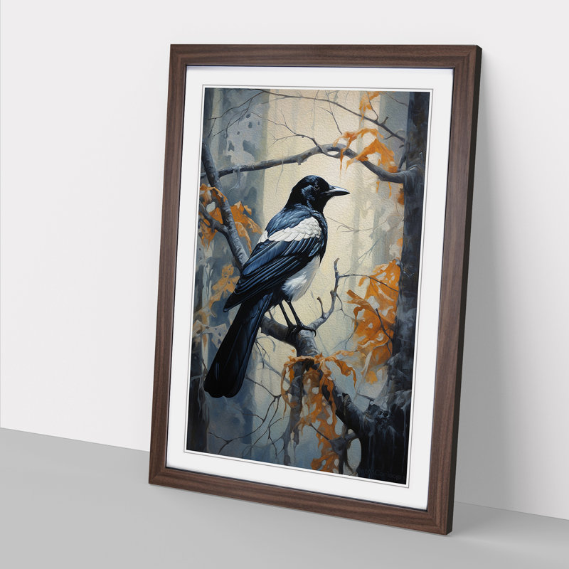 Magpie Symbolism - Single Picture Frame Print on Wood, Walnut Framed, 34cm H x 25cm W x 2cm D