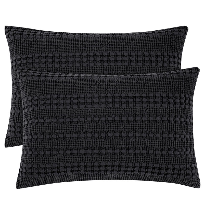 PHF 100% Cotton Ruffle Waffle Pillow Shams, 2 Pack Soft Skin-Friendly Bed Pillow Covers for Aesthetic Home Decor, Black
