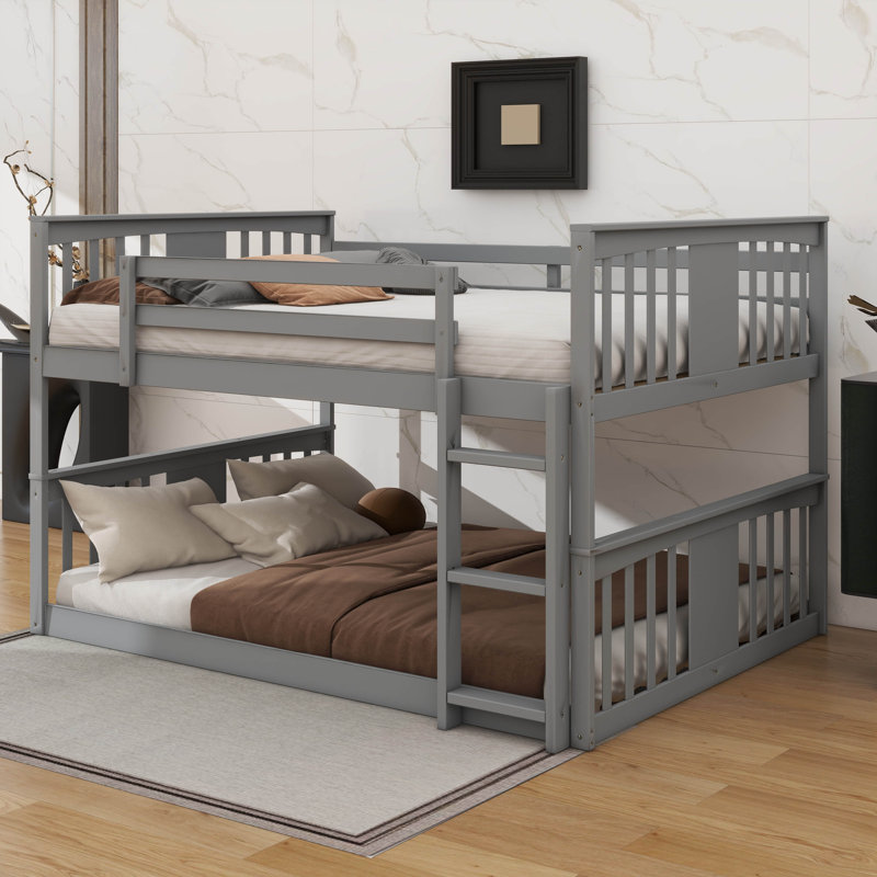 Roomy Full Over Full Bunk Bed With Robust Ladder, Gray