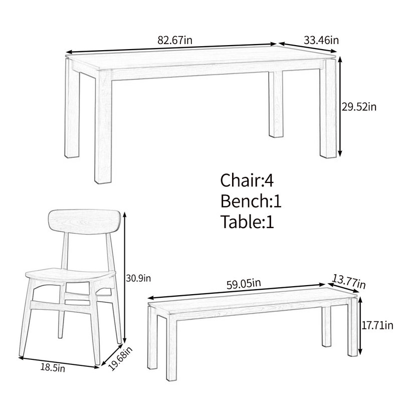 Steady and elegant solid wood table set, 29.52"H x 82.67"L x 33.46"W