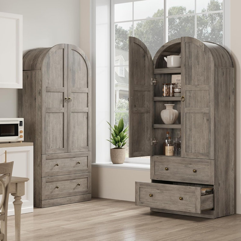 71" Wood Arched Bookcase Cabinet with Doors & Drawers, Large Farmhouse Bookshelf for Living Room & Office, Retro Gray, Gray