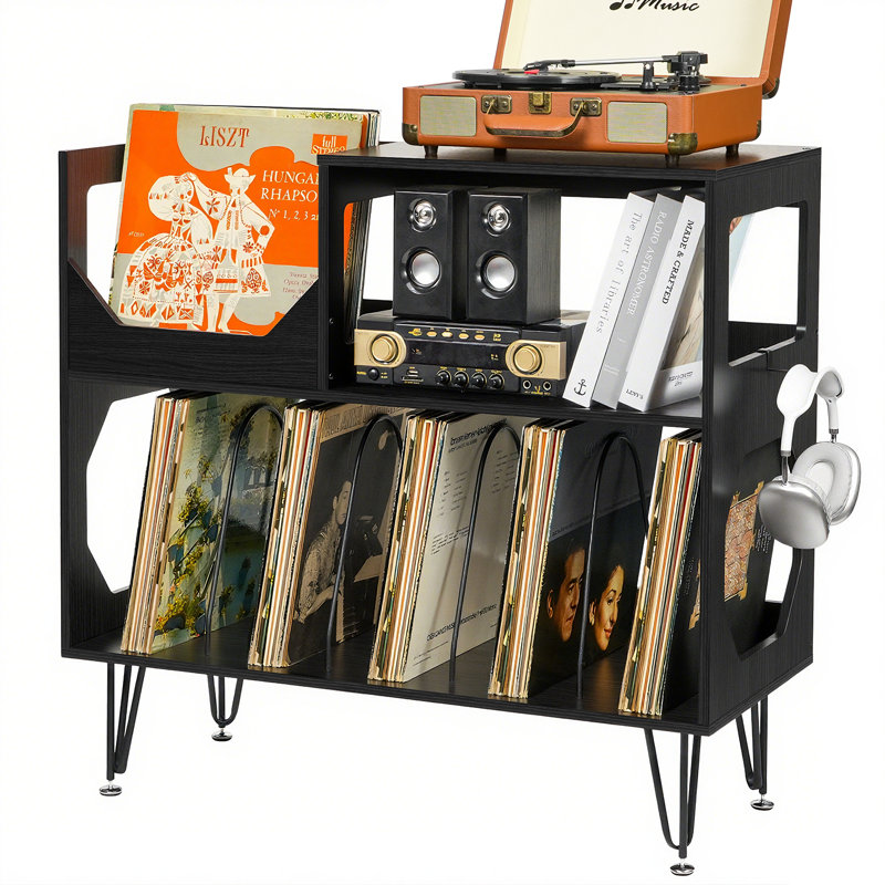 Large Rustic Record Player Stand, 2 Tier Record Player Table With Vinyl Record Storage, Vinyl Record Storage Cabinet With Metal Legs, Turntable Stand For Living Room, Bedroom, Holds 370 Albums, Black
