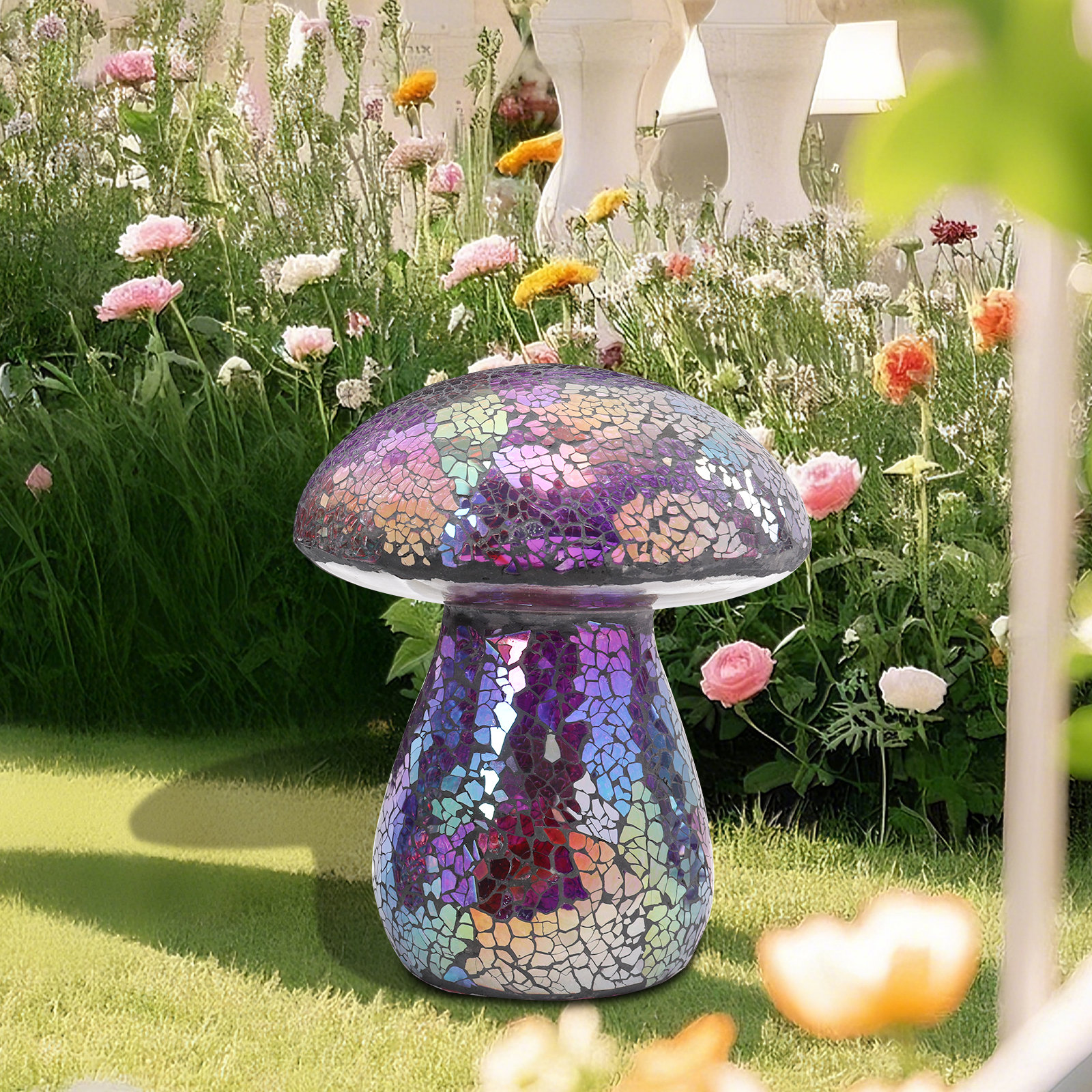 Rainbow Mosaic Mushroom Garden Statue – Colorful Stained Glass Outdoor Decoration, Patio/lawn Accent, Whimsical Decor For Flower Beds, Pathways & Outdoor Spaces - Purple