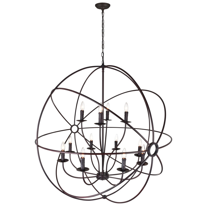 Lustre brun de 40 po pour le salon, la salle à manger - Anneau planétrique 12 lumières avec base d'ampoule E12 - Compatible avec DEL, cadre de cage ouverte, chaîne réglable - Certifié BACL