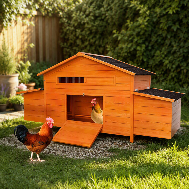 Grand poulailler en bois 70 with avec 2 nichoirs, toit imperméable, serrure sécurisée, poulailler ventilé avec perchoir et plateau coulissant pour un nettoyage facile