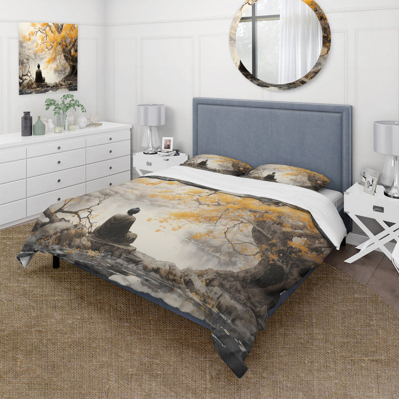 Ensemble de housse de couette bouddhisme gris et jaune, Housse de couette pour grand lit et 2 taies décor