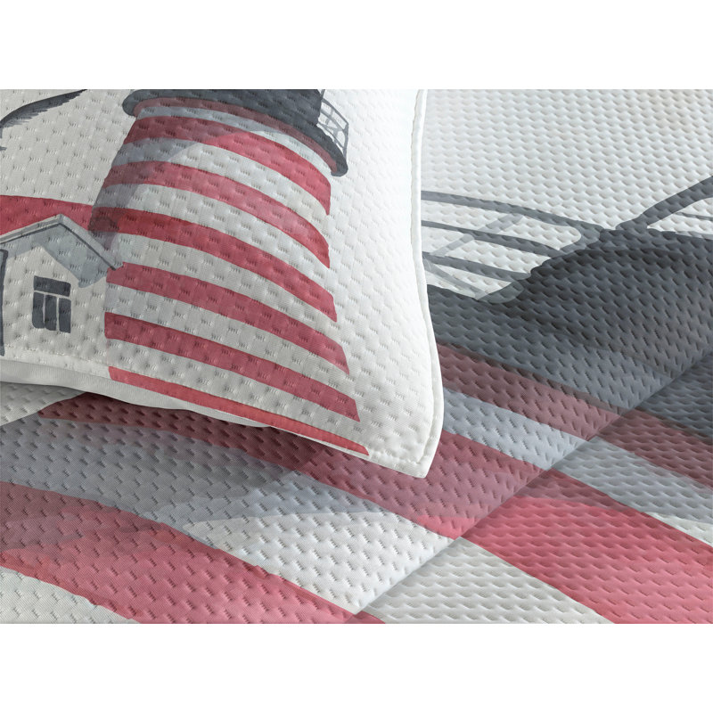 King Size White Quilted Bedspread Set with Lighthouse Design