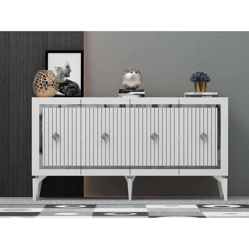 Console moderne blanche avec accents argentés, panneau de particules enduit 100% mélamine, épaisseur: 0,7 pouce | Nombreuses tablettes murales au design élégant pour le salon et le vestibule