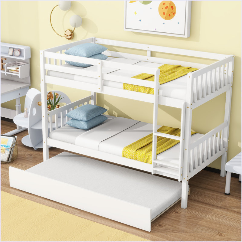 Lit simple superposé en bois d'hévéa simple avec lit gigogne, convertible en lit simple, Blanc