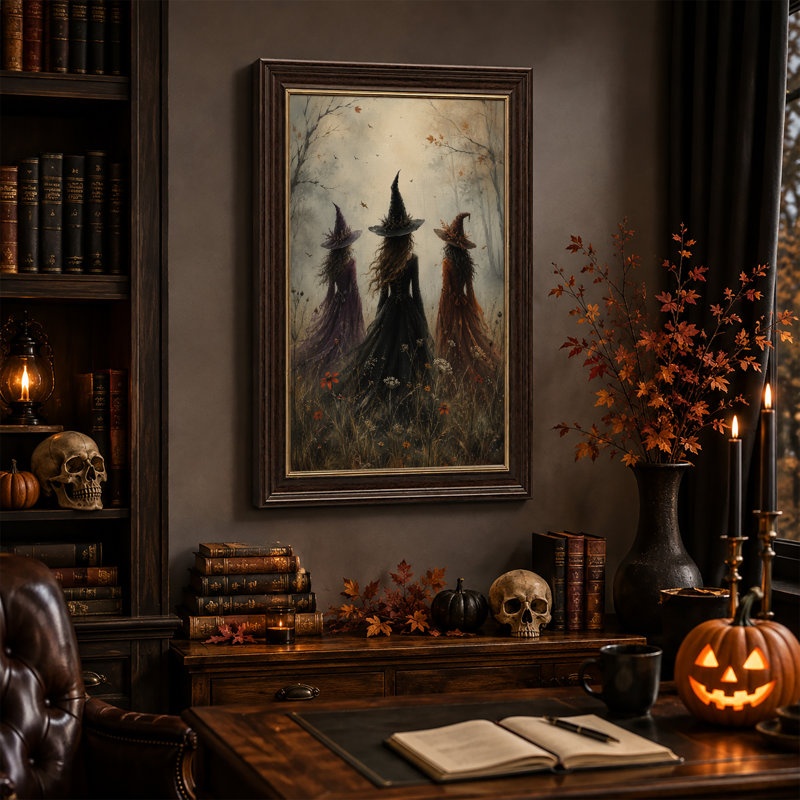 «Three Witches in Misty Autumn Forest», art mural sur toile, 24"H x 16"W