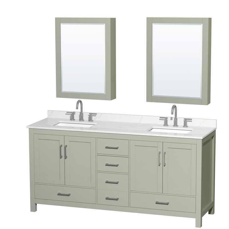 Sheffield 72" Freestanding Double Bathroom Vanity with Quartz Top with Medicine Cabinets, Green, Brushed Nickel
