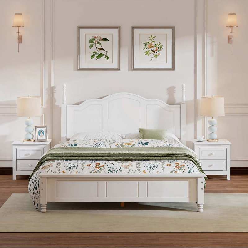 Ensemble de chambre à coucher 3 pièces, grand lit plateforme en bois et deux tables de chevet - blanc, Blanc