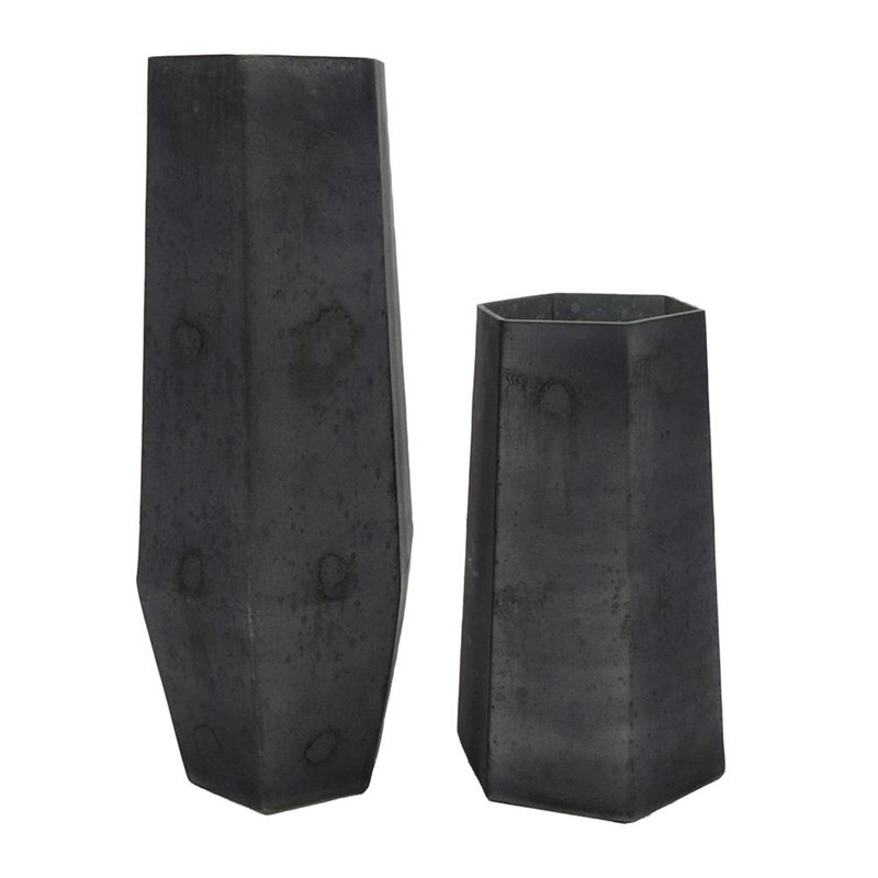Ensemble de deux vases de table hexagonaux en verre noir