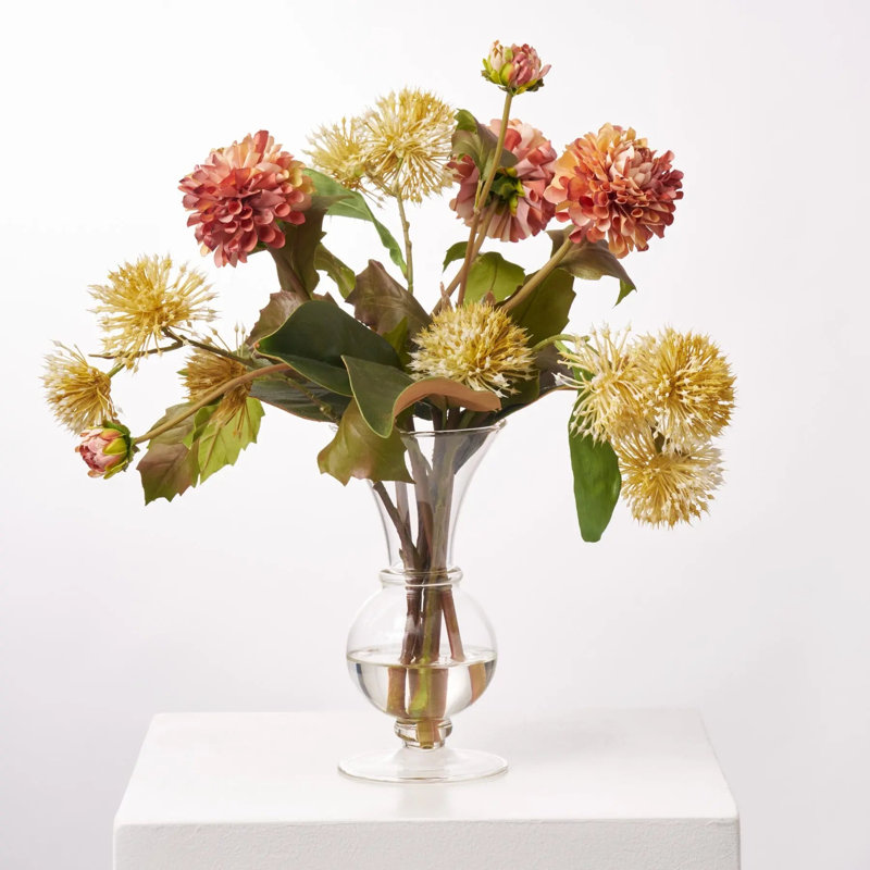 Lifelike Fall Sienna Brown Dahlia & Yellow Puff Gum Blossom with Real Touch Magnolia Everyday Spring Fall Water Illusion Arrangement