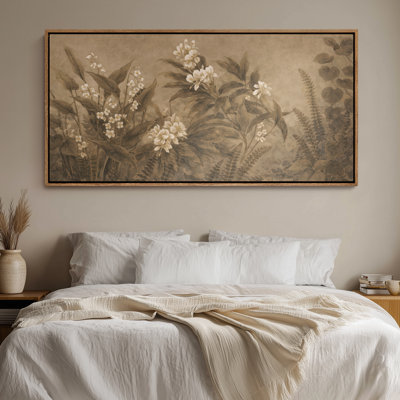 Framed Canvas Wall Art - Vintage Botanical Garden with White Florals and Fern Details - 16"x24", 24"x36"