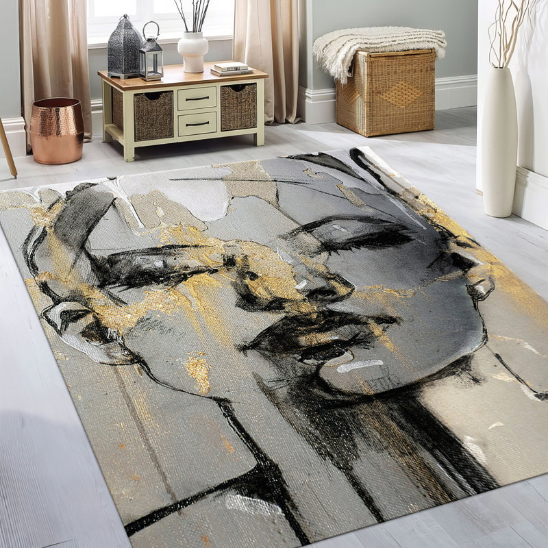 Contemporary Non Woven Thin Type Printed Rug with Geometric Design in Neutral Tones Perfect for Adding a Touch of Modern Style to Any Living Room or Bedroom