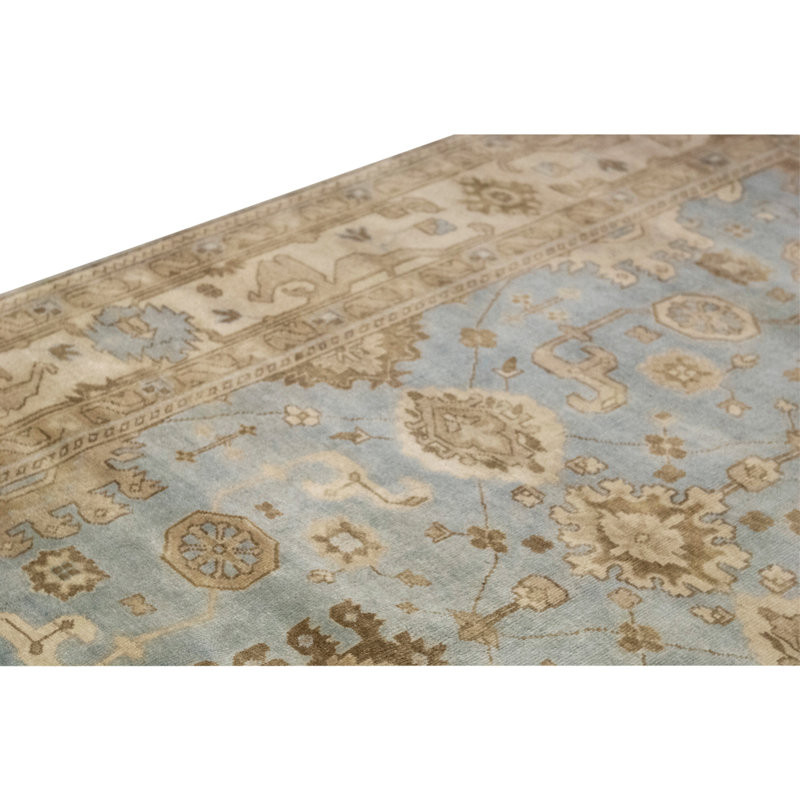 Tapis bleu clair / beige unique de 8 pi 3 po x 9 pi 11 po
