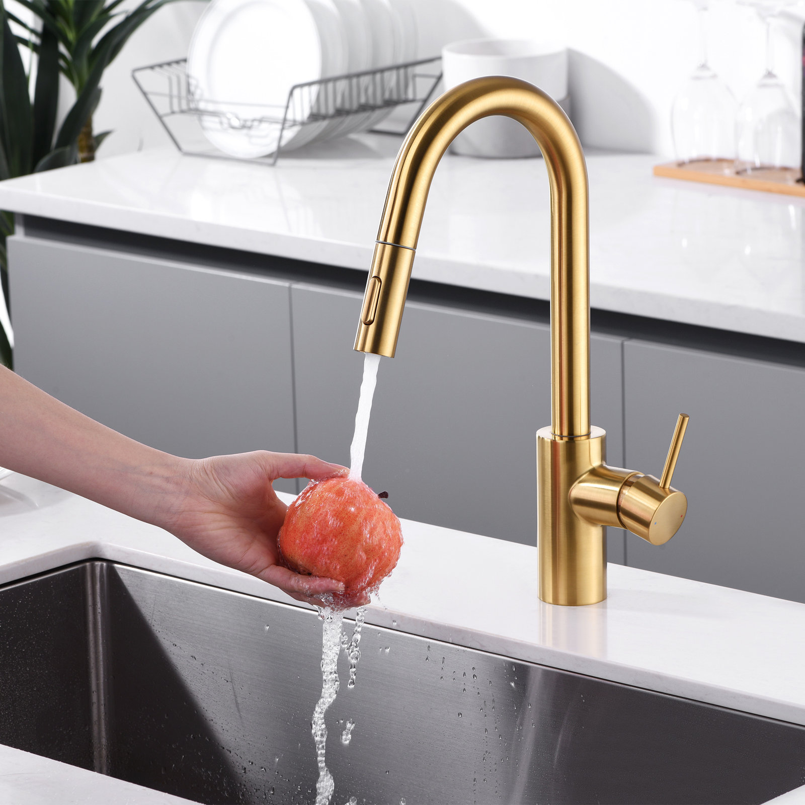 Pull-Down Kitchen Faucet with Accessories, Brushed Gold