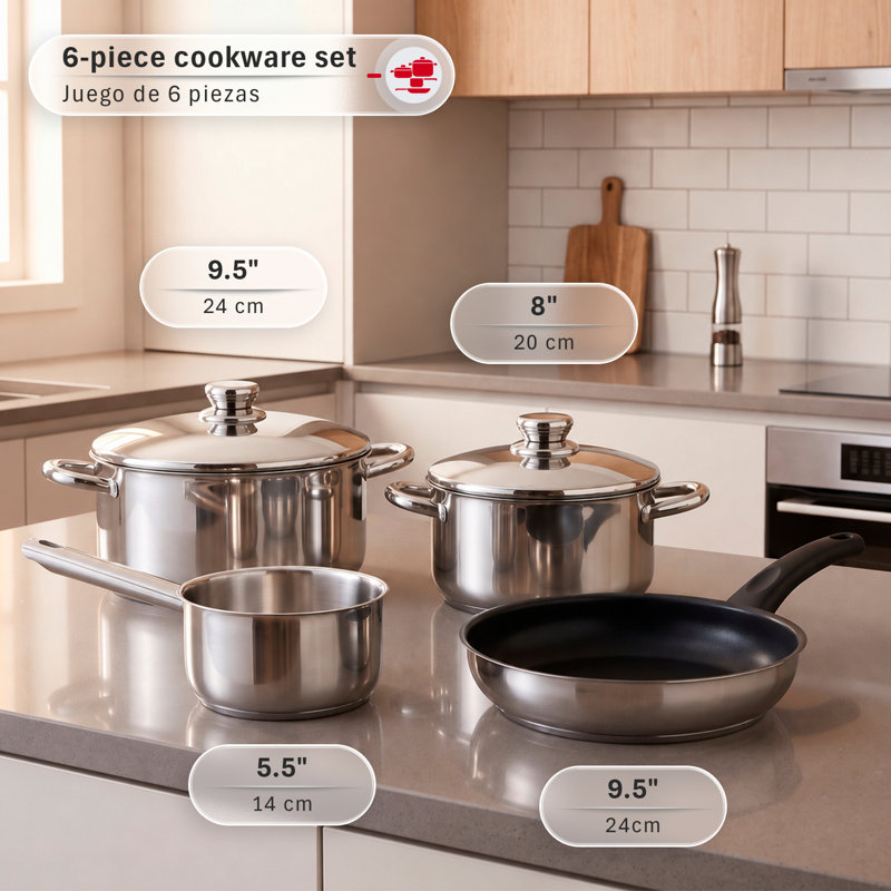 Ensemble de 6 pièces de batterie de cuisine en acier inoxydable Magefesa pour couples