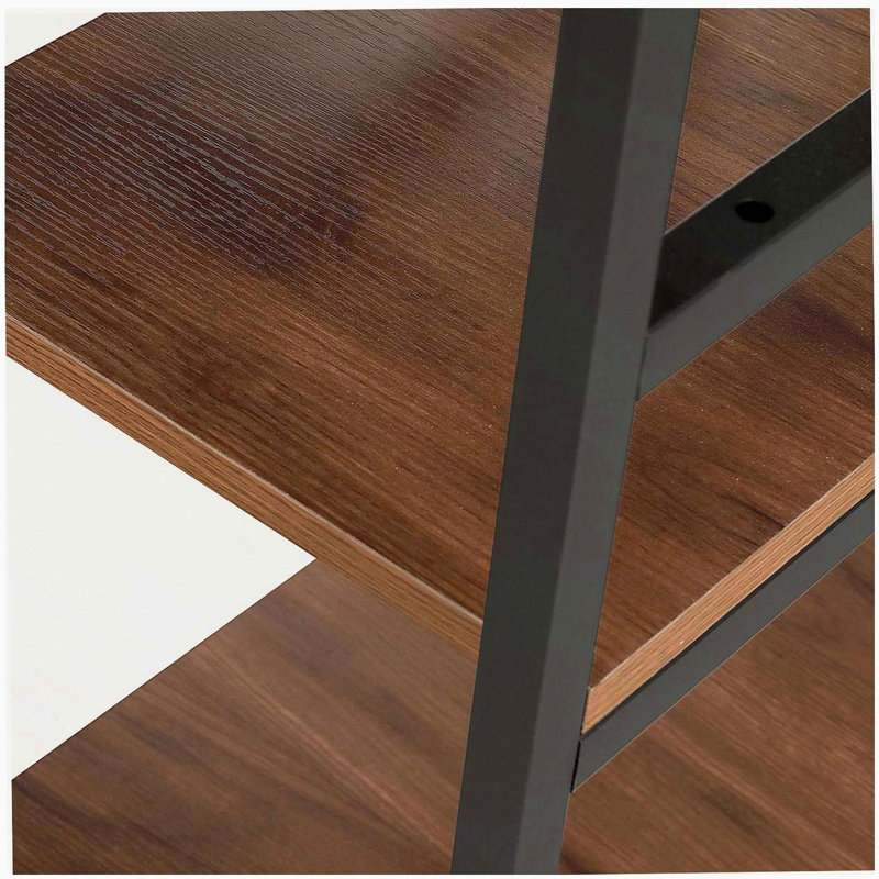 Bureau industriel en L avec tablettes de rangement, noyer