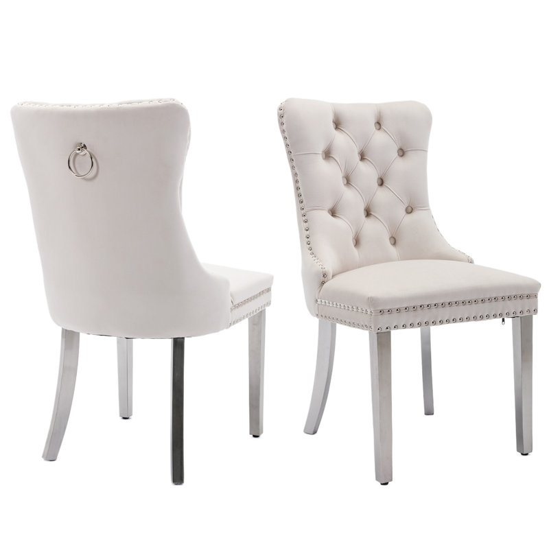 Chaise de salle à manger en velours avec anneau à dossier et pieds en bois massif, Argent argent, Beige, 2