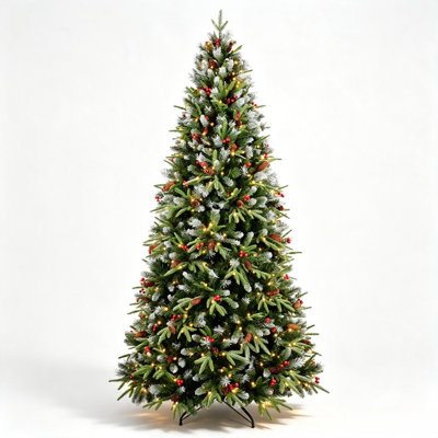 5 FT Pre‑Lit Snow‑Tipped Artificial Christmas Tree, PE+PVC Branches with Warm White LED Lights, Red Berries & Pine Cones, Hinged Xmas Tree for Indoor Holiday Decor