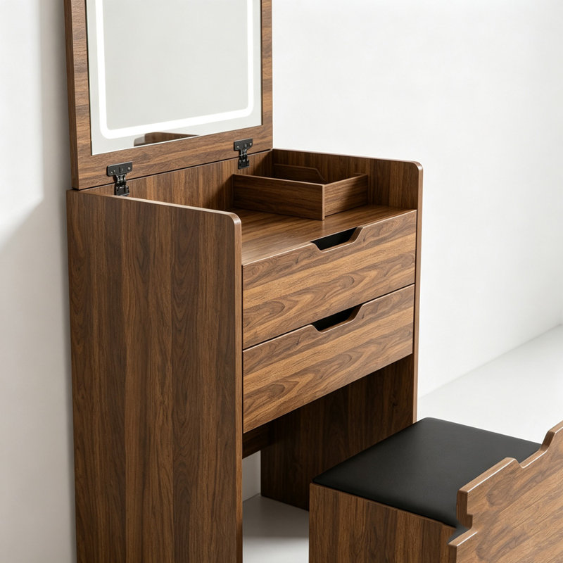 Bureau de coiffeuse 3-en-1 avec miroir lumineux et tabouret de rangement, Black Cushion+