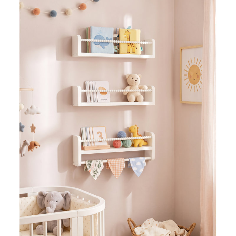 Ensemble de 3 tablettes flottantes blanches de 40 cm (15,8 po) pour chambre d'enfant, étagère murale en pin massif avec traverses avant en moulures de bois