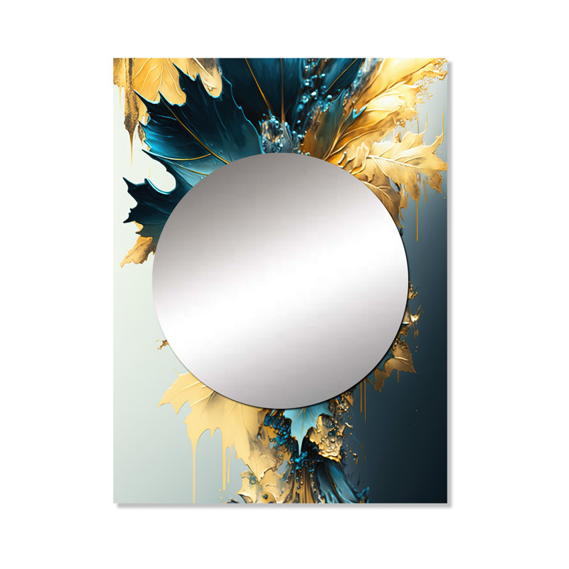 Crooke abstrait bleu et doré II - feuilles, miroir décoratif, 40 po x 30 po