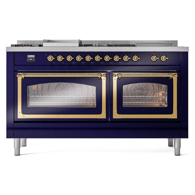 ILVE Nostalgie II Noblesse 60 in Dual Fuel Range 7 Burner, Griddle, Frenchtop, Natural Gas, Midnight Blue/Brass