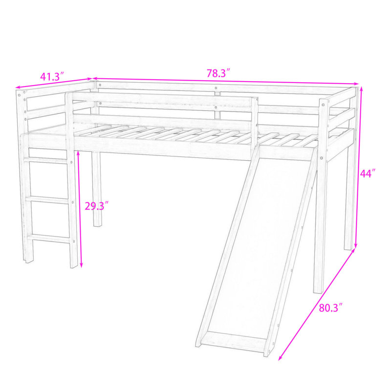 Lit mezzanine simple en bois avec glissoire, échelle et garde-corps, Blanc