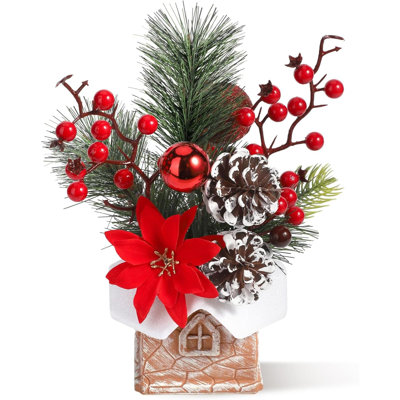 Décoration de Noël pour arbre de Noël avec mini décorations de sapin de table artificielles avec ornements des fêtes, pomme de pin et baies pour la maison