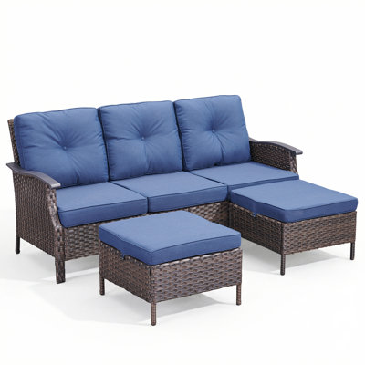 All-Weather Outdoor Wicker Patio Contoured Armrests Sofa With Ottomans