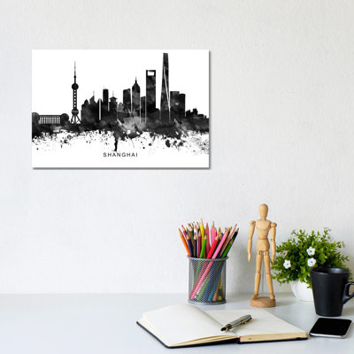 Shanghai Skyline Black & White by WallDecorAddict - Wrapped Canvas Print